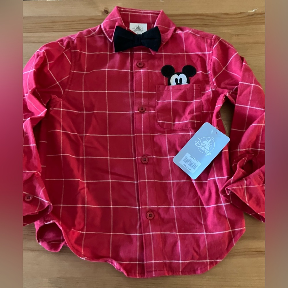 NWT Disney Red Plaid Flannel Button Up Shirt Size 4T Mickey Mouse with Bow Tie